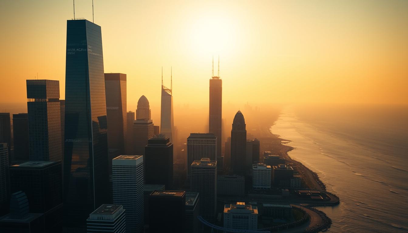 Editorial aerial-style view of US East Coast cityscape with soft morning light, representing Italian remote engineering coverage across East Coast states