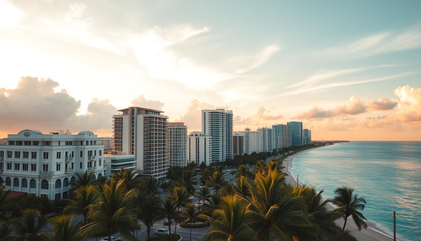 Miami art-deco skyline with palm trees and aquamarine ocean at golden hour — editorial tropical cityscape for Florida software development