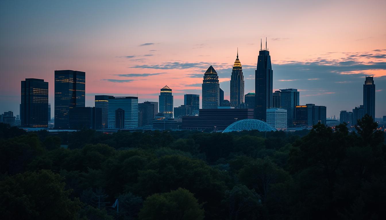 Atlanta downtown skyline at twilight with warm lit skyscrapers and lush green city trees — editorial cityscape for Georgia software development