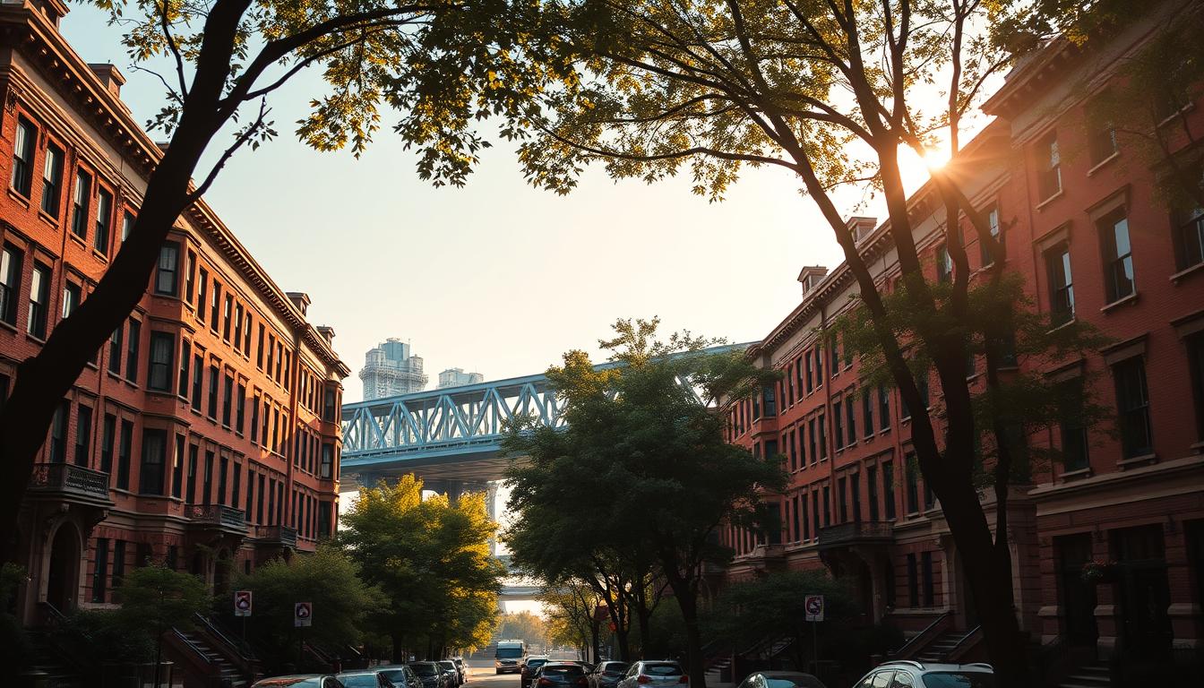 Boston Back Bay brownstones and Charles River bridge at late afternoon with soft warm light — editorial architectural scene for Massachusetts software development
