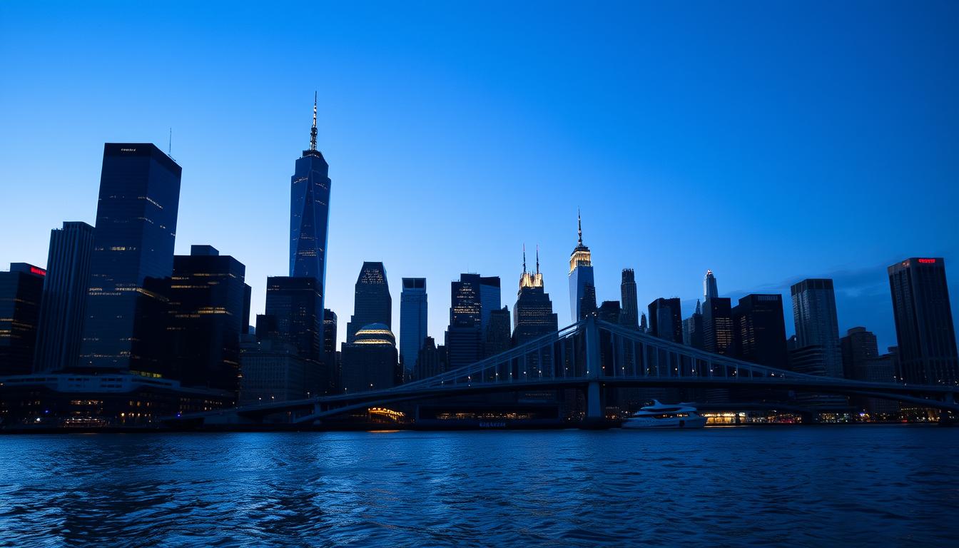 Lower Manhattan skyline at blue hour with glass skyscrapers and bridge silhouettes — editorial cityscape for New York software development services