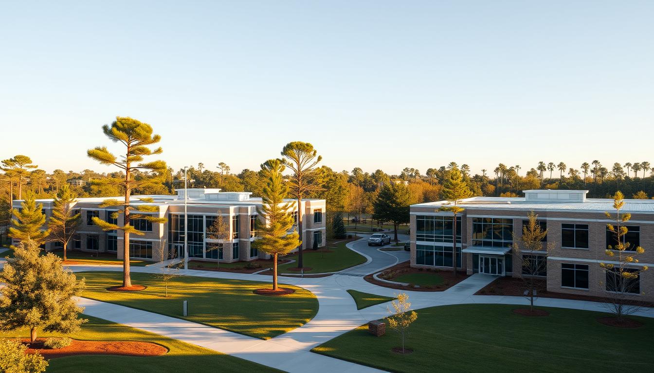 Research Triangle North Carolina modern university and research park buildings with mature pine trees — editorial architectural scene for North Carolina software development