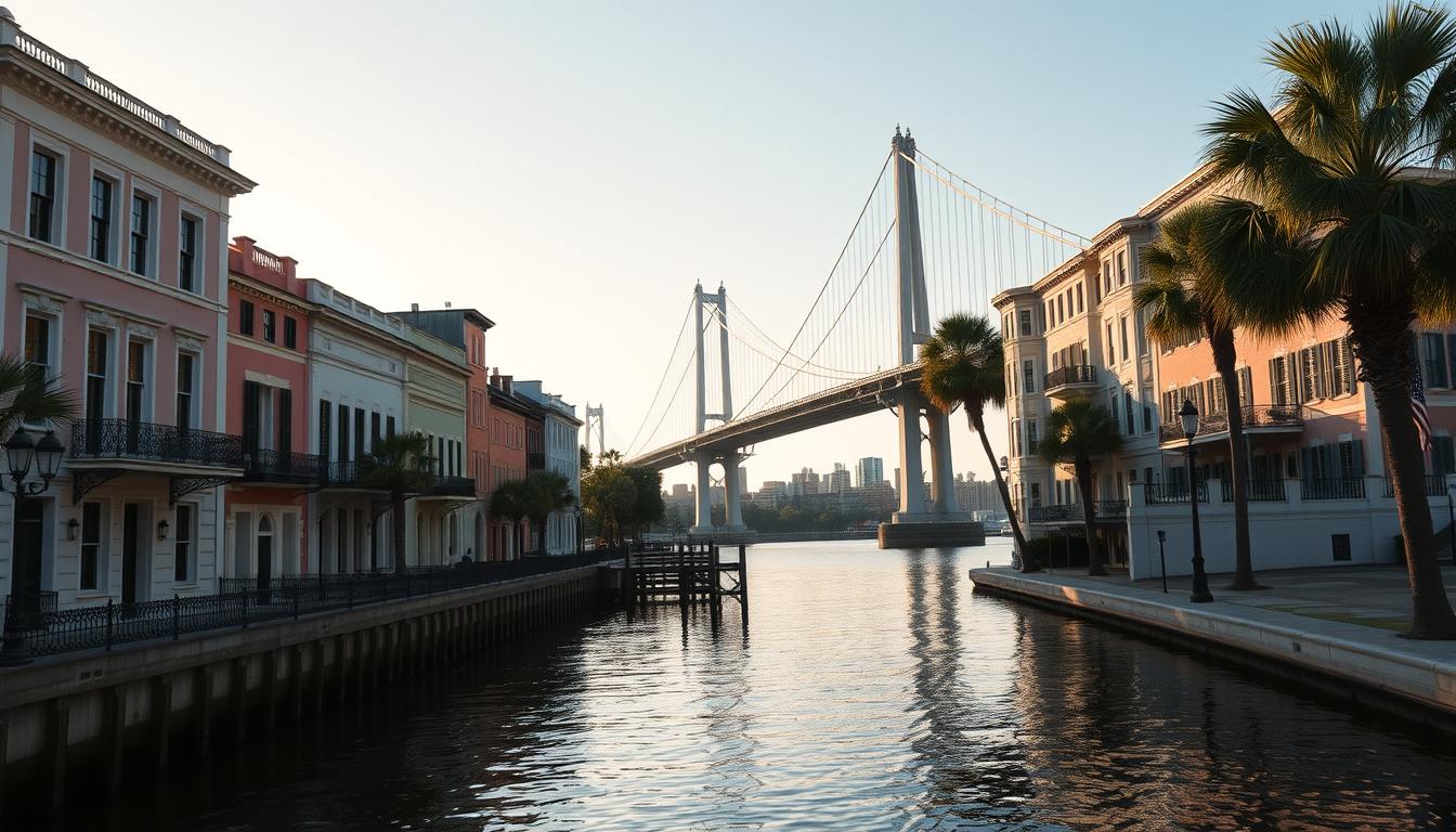 Charleston South Carolina historic architecture with pastel row houses and harbor bridge at sunset — editorial cityscape for South Carolina software development