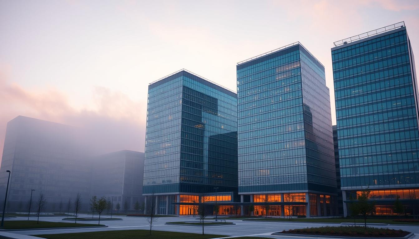 Arlington Virginia modern office towers with reflective glass and landscaped plaza at dawn — editorial scene for Virginia software development