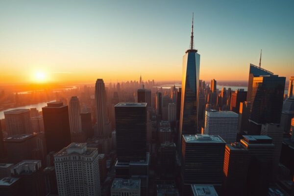 Manhattan skyline at golden hour representing NYC top industries and software needs