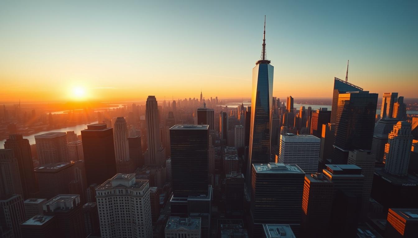 Manhattan skyline at golden hour representing NYC top industries and software needs