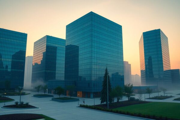 Northern Virginia office towers at dawn representing NoVA top industries and software needs
