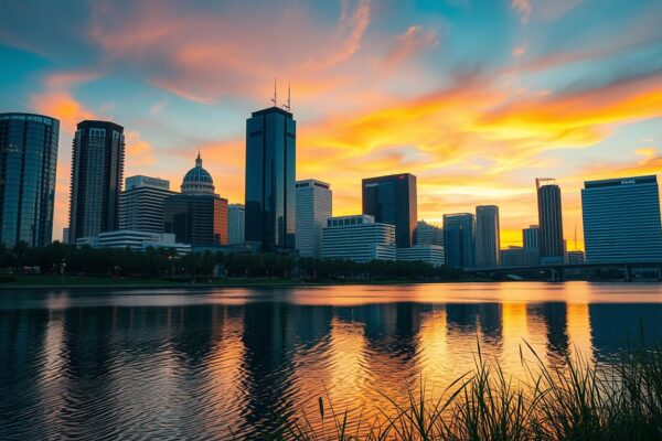 Orlando skyline with lake representing Orlando top industries and software needs