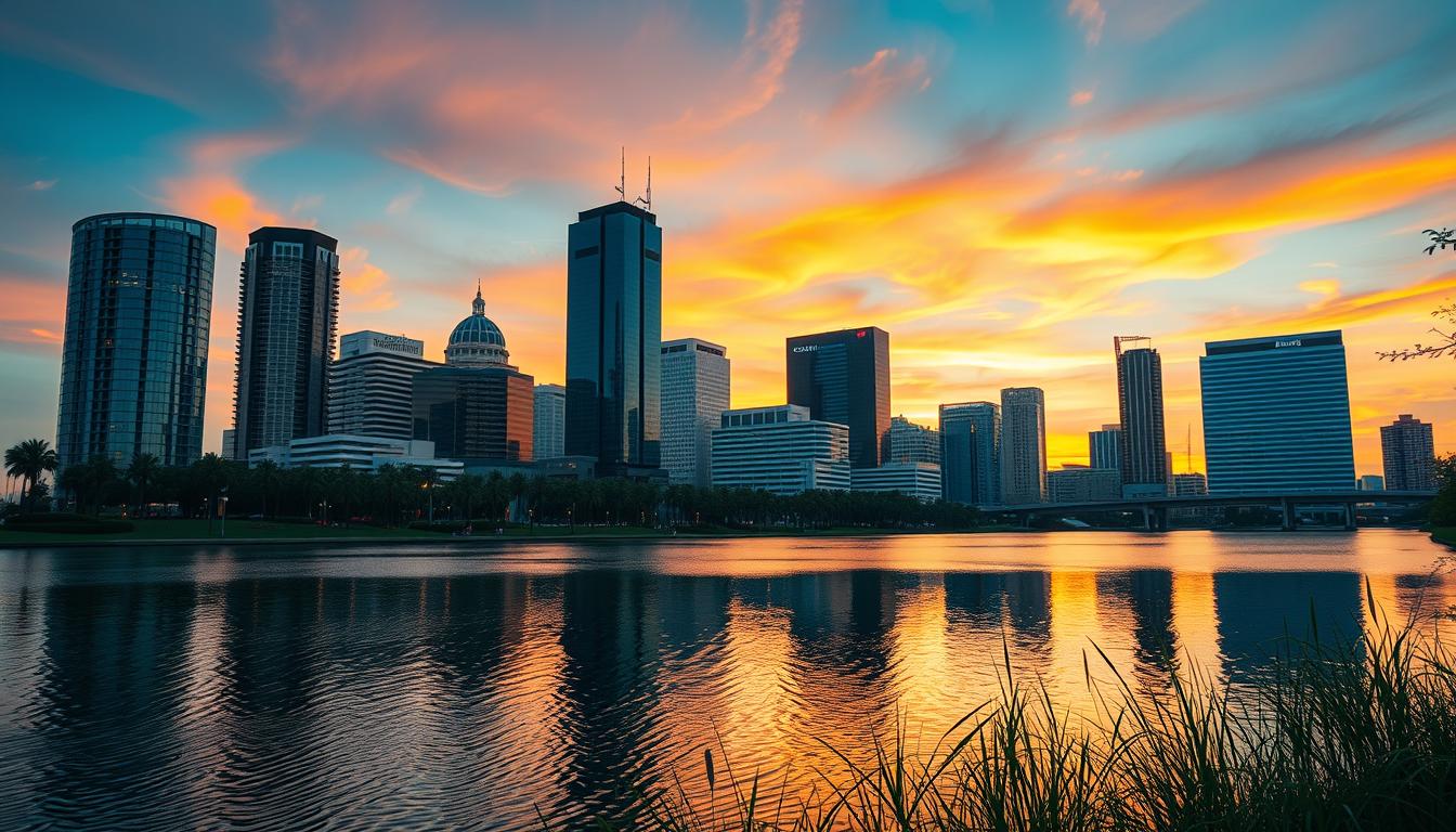 Orlando skyline with lake representing Orlando top industries and software needs